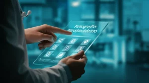 Fotografia realistica di uno specializzando in medicina che utilizza un tablet futuristico per rispondere a domande di valutazione generate dall'IA in un ambiente clinico moderno, focus su schermo e mani, obiettivo prime 35mm, profondità di campo.