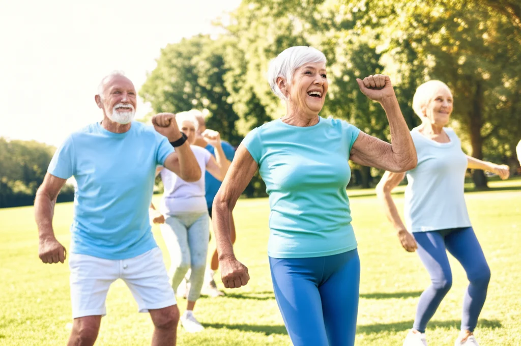 Gruppo diversificato di anziani attivi e sorridenti che partecipano a una lezione di aerobica all'aperto in un parco verde in una giornata di sole, teleobiettivo zoom 100mm, alta velocità dell'otturatore per catturare il movimento gioioso, espressioni felici e concentrate.