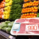 Immagine fotorealistica, lente primaria 50mm, attenzione selettiva su un prezzo di prezzo del supermercato collegato a un pacchetto di carne rossa, il prezzo leggermente elevato. In background sfocato, gli scaffali forniti di frutta e verdura colorate sono visibili, simboleggiano la scelta tra carne e opzioni a base vegetale e l'impatto delle potenziali tasse sulla carne o la rimozione dei sussidi. Illuminazione controllata e neutra del supermercato.