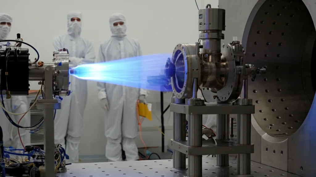 Immagine fotorealistica, obiettivo primario 35mm, il prototipo del propulsore SUPREME montato su un banco di prova all'interno di una camera a vuoto di un laboratorio spaziale, plasma blu brillante visibile, ingegneri in tute da camera bianca osservano sullo sfondo, profondità di campo.