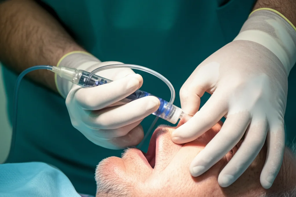 Primo piano di un anestesista che utilizza la tecnica di ventilazione nasale su un paziente anziano edentulo durante l'induzione dell'anestesia, obiettivo macro 60mm, alta definizione, illuminazione da sala operatoria, focus sulle mani dell'operatore che sigillano bocca e narice e sulla cannula inserita.