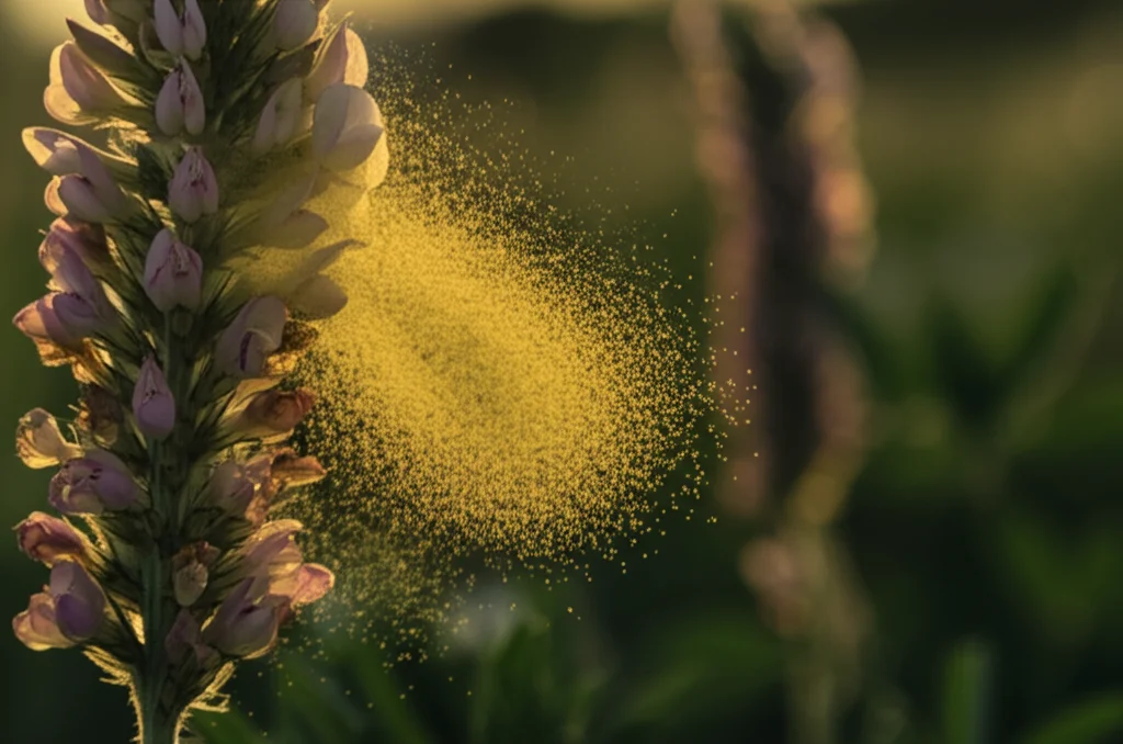 Primo piano fotorealistico di un'antera di erba medica (Medicago sativa) che rilascia una nuvola di polline dorato finissimo, catturato con obiettivo macro 100mm, illuminazione laterale morbida che evidenzia la texture delicata del polline sospeso nell'aria e la superficie dell'antera, sfondo naturale sfocato di un campo di erba medica al tramonto.