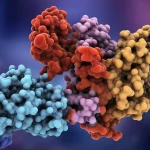 Rappresentazione artistica e fotorealistica della proteina Polθ-helicase (dimero) che interagisce con un filamento di DNA danneggiato. Macro lens, 90mm, high detail, controlled lighting, sfondo astratto blu e viola duotone, depth of field.
