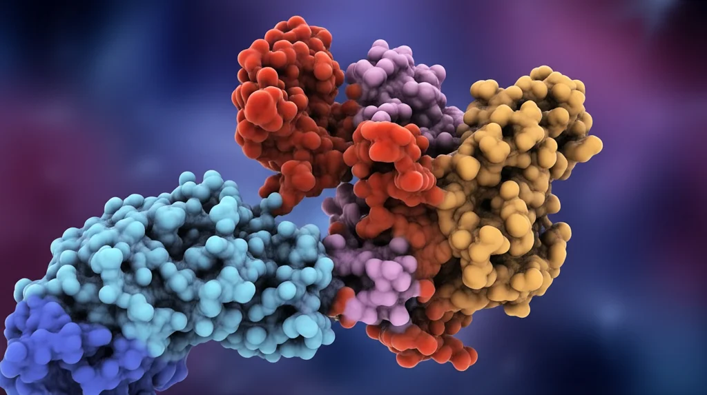 Rappresentazione artistica e fotorealistica della proteina Polθ-helicase (dimero) che interagisce con un filamento di DNA danneggiato. Macro lens, 90mm, high detail, controlled lighting, sfondo astratto blu e viola duotone, depth of field.