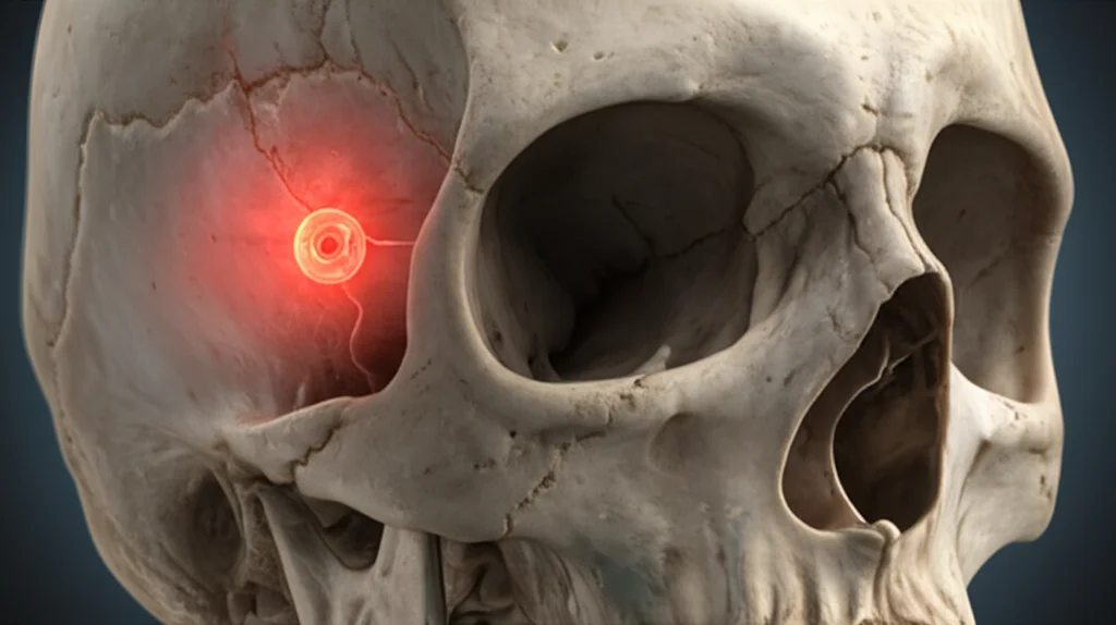 Visualizzazione 3D fotorealistica del cervello umano con un craniofaringioma evidenziato vicino all'ipofisi e ai nervi ottici, illuminazione drammatica laterale, stile cinematografico, obiettivo 50mm.