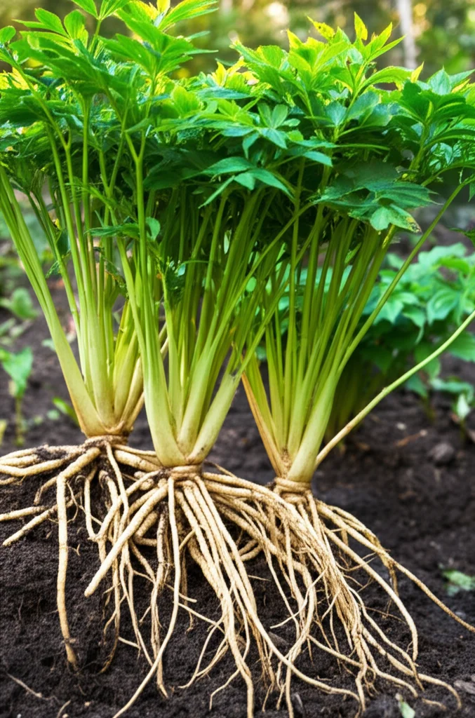 Fotografia realistica della pianta di Angelica sinensis nel suo habitat naturale, con luce solare che filtra tra le foglie. Focus sulle radici/rizomi parzialmente visibili nel terreno umido. Wide-angle lens, 20mm, sharp focus, natural lighting, high detail.