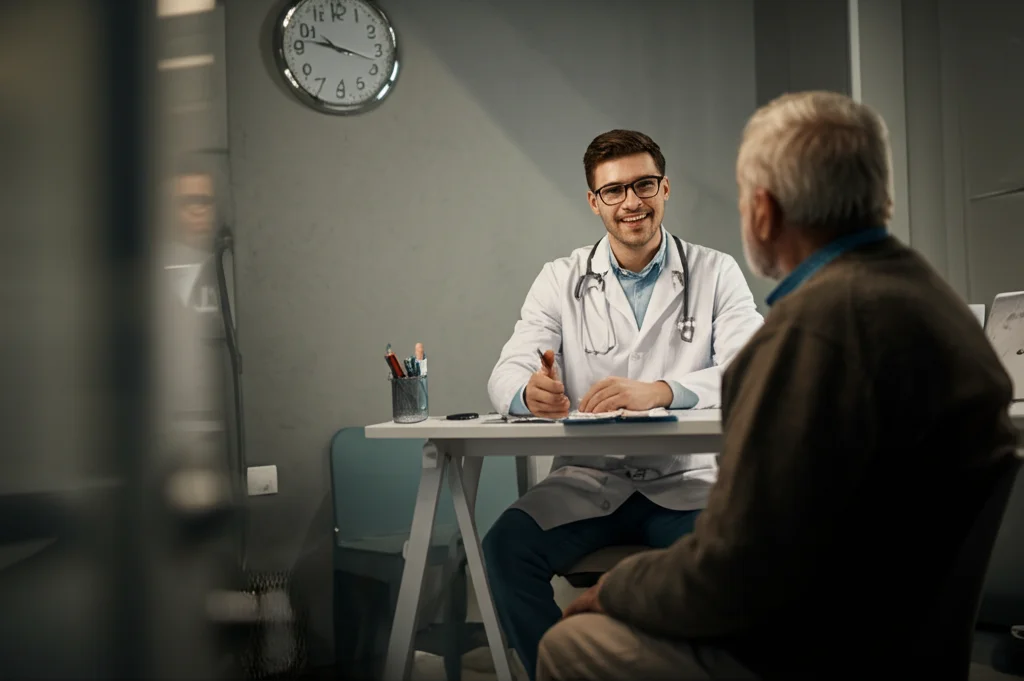 Fotografia realistica di un medico sorridente che stringe la mano a un paziente anziano in uno studio medico moderno e accogliente. Luce naturale entra dalla finestra. Obiettivo 35mm, stile fotorealistico, colori caldi.
