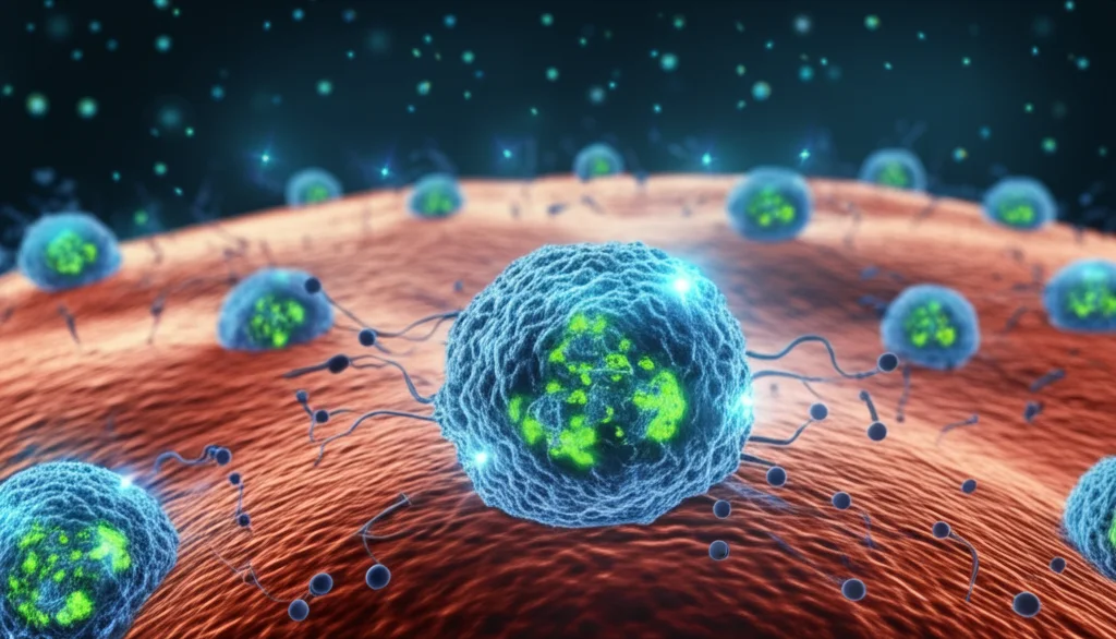 Illustrazione fotorealistica concettuale che mostra nanoparticelle PTX-CDs (punti luminosi blu-verdi) che attraversano la barriera emato-encefalica stilizzata per raggiungere e attaccare le cellule di glioblastoma nel tessuto cerebrale sottostante. In primo piano, dettaglio di una cellula tumorale con mitocondri danneggiati e accumulo di PTX-CDs. Illuminazione drammatica, dettagli scientifici accurati, obiettivo virtuale 24mm wide-angle.