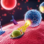 Illustrazione scientifica fotorealistica di cellule Natural Killer (NK) che attaccano cellule tumorali di glioma diffuso della linea mediana (DMG) in un ambiente cerebrale stilizzato, evidenziando l'asse HLA-E-NKG2A e l'azione combinata di farmaci, obiettivo 50mm, profondità di campo, illuminazione focalizzata.