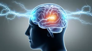 Immagine concettuale della stimolazione cerebrale per smettere di fumare: onde magnetiche stilizzate di colore blu elettrico che interagiscono con un cervello umano trasparente e luminoso, mostrando le aree target attivate (SFG, dlPFC). Sfondo grigio neutro sfumato, illuminazione controllata e drammatica, obiettivo macro 60mm per dettaglio sul cervello.
