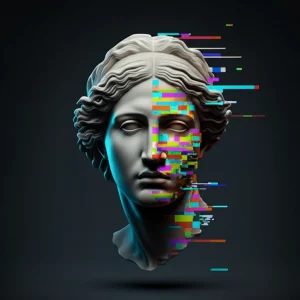 Immagine concettuale fotorealistica: una scultura classica greca in marmo bianco parzialmente trasformata in pixel digitali colorati e glitchati sulla metà destra, simboleggiando l'introduzione del bias AI nel patrimonio culturale. Illuminazione drammatica da studio con forti contrasti, obiettivo 50mm, alta definizione, sfondo scuro.