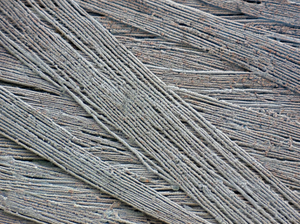 Immagine fotorealistica al microscopio elettronico a trasmissione (TEM) di fibrille di collagene all'interno di un tendine d'Achille neonatale in rigenerazione, mostrando la loro struttura ultrafine. Alto dettaglio, illuminazione controllata, focus preciso sulle fibrille.