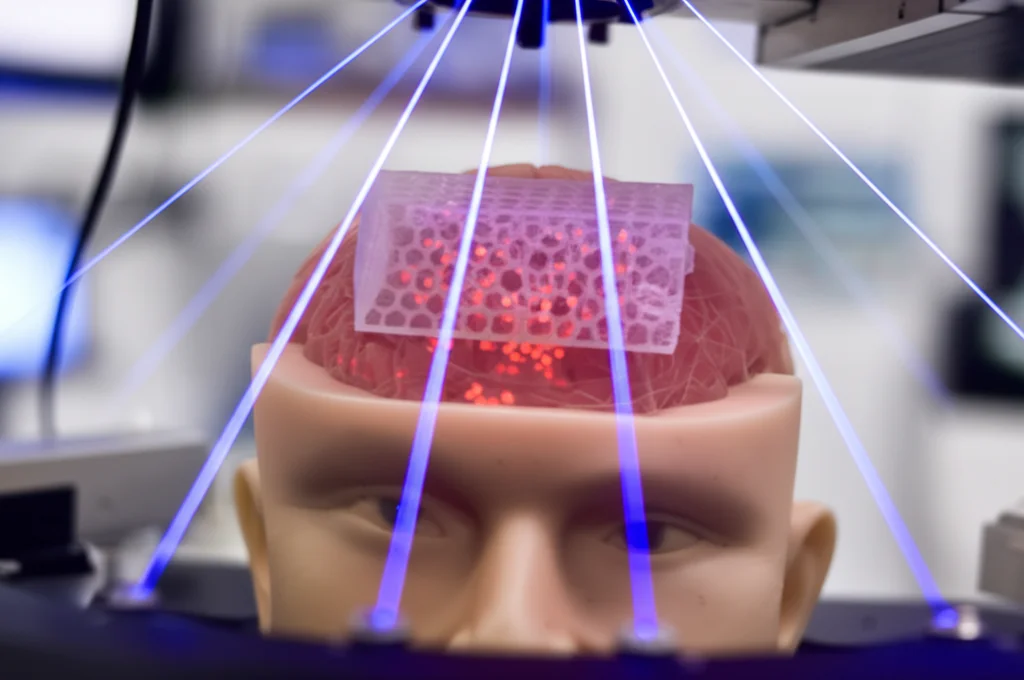 Immagine fotorealistica, obiettivo 35mm, profondità di campo: Una struttura a reticolo traslucida di idrogel GelMA biostampata in 3D contenente cellule di glioma luminescenti (rosse), posizionata all'interno di una sezione di fantoccio di testa umana miniaturizzato e dettagliato stampato in 3D, sotto il fascio focalizzato di una sorgente di radiazione di sincrotrone (rappresentata da raggi di luce blu convergenti). Sfondo di laboratorio high-tech sfocato.