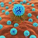 Immagine macro fotorealistica, obiettivo 90mm, che mostra nanoparticelle liposomiali (D3-LNP-GEM) con nanocorpi D3 coniugati sulla superficie, che si legano selettivamente a recettori di mesotelina su una cellula tumorale pancreatica stilizzata. Illuminazione controllata per evidenziare i dettagli molecolari, alta definizione, sfondo sfocato per concentrarsi sull'interazione.
