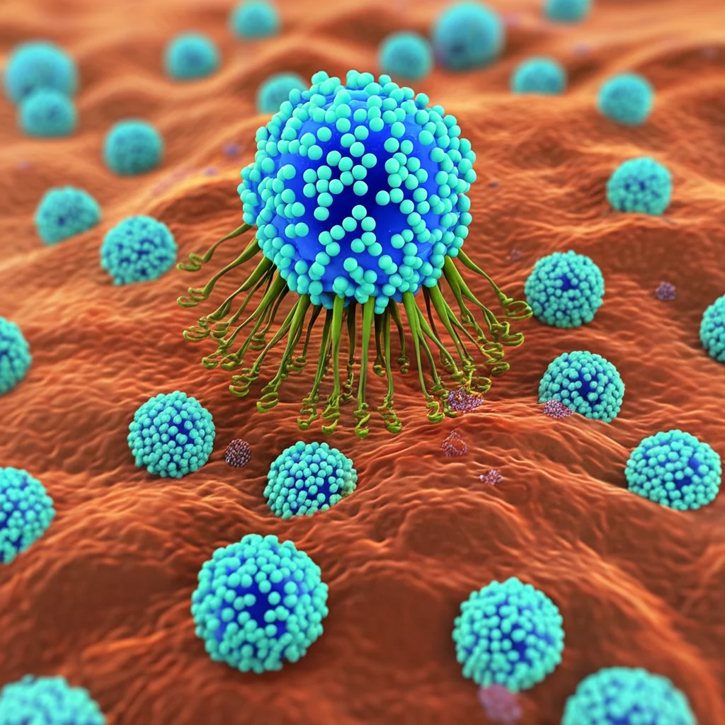 Immagine macro fotorealistica, obiettivo 90mm, che mostra nanoparticelle liposomiali (D3-LNP-GEM) con nanocorpi D3 coniugati sulla superficie, che si legano selettivamente a recettori di mesotelina su una cellula tumorale pancreatica stilizzata. Illuminazione controllata per evidenziare i dettagli molecolari, alta definizione, sfondo sfocato per concentrarsi sull'interazione.