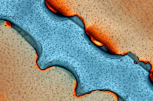 Immagine medica astratta, stile macro 80mm, che illustra la microarchitettura complessa dell'osso trabecolare con aree illuminate che suggeriscono la misurazione della qualità ossea tramite TBS, illuminazione controllata, alta definizione.