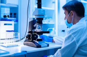 Ricercatore in laboratorio osserva al microscopio colture cellulari di fibroblasti umani derivati da pazienti con SCA19/22, luce controllata, profondità di campo, obiettivo prime 35mm, atmosfera di ricerca scientifica.