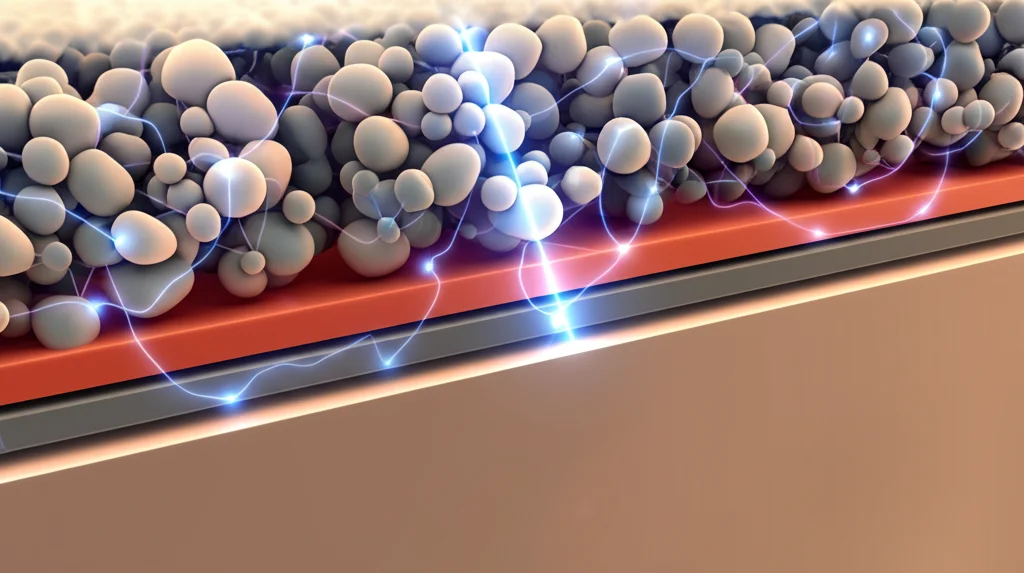 Scatto macro fotorealistico, obiettivo 100mm, focalizzato sull'interfaccia all'interno di una batteria allo stato solido. Strati chiaramente visibili: un anodo metallico (come Litio o Sodio), l'elettrolita solido boroidruro complesso che mostra la sua struttura cristallina, e un materiale catodico. Sottili percorsi luminosi indicano il movimento degli ioni attraverso l'elettrolita. Alta definizione, illuminazione controllata per un look tecnologico pulito e futuristico.