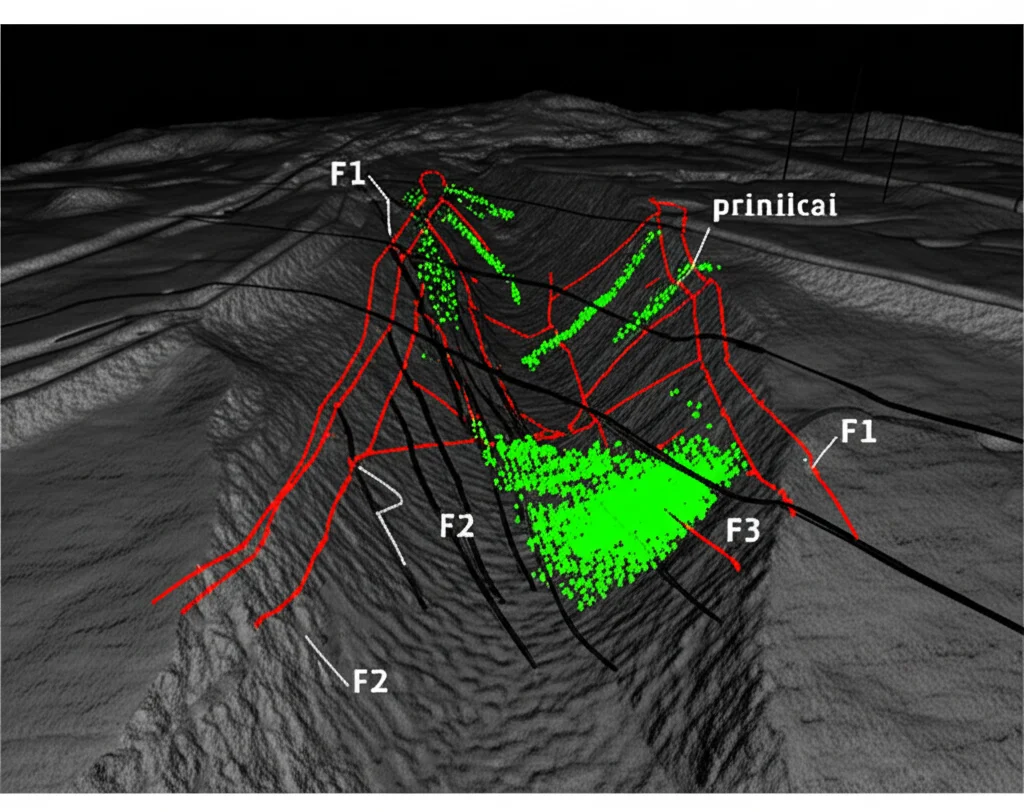 Visualizzazione 3D della miniera di carbone di Laohutai che mostra la complessa struttura geologica sotterranea con le faglie principali (F1, F2) evidenziate. Sovrapposti, piccoli punti luminosi rappresentano gli epicentri dei microterremoti rilevati dalla rete sismica densa, concentrati vicino alle faglie e alle zone di scavo. Illuminazione drammatica che enfatizza le profondità. Telephoto zoom 100mm, alta definizione, focus nitido sulle strutture geologiche.