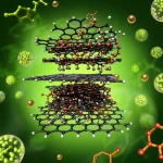 Visualizzazione 3D stilizzata del nanocomposito catalitico GO@Fe3O4@PTMS@ABDSH@CuI che interagisce con molecole di reagenti per formare pirazoli. Struttura a fogli di grafene con particelle magnetiche e di rame ancorate tramite ligandi organici. Sfondo astratto che richiama la chimica verde. Illuminazione focalizzata, alta definizione.