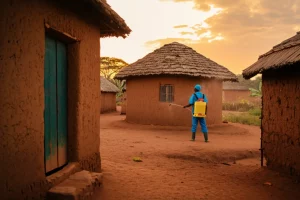 Ampia veduta di un villaggio rurale in Tanzania al tramonto, con case tradizionali dalle pareti di fango, mentre un operatore sanitario si prepara per l'irrorazione residuale indoor contro le zanzare della malaria, obiettivo grandangolare 24mm, luce calda, atmosfera di speranza e prevenzione.