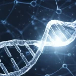 Concetto astratto di medicina personalizzata: un'impronta digitale stilizzata che si trasforma in una doppia elica di DNA luminosa, sovrapposta a una rete neurale complessa, prime lens 35mm, depth of field, duotone blu e argento.