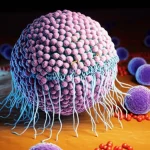Illustrazione scientifica fotorealistica, stile macro 70mm, di una nanoparticella biomimetica core-shell (nucleo con farmaci Celastrol e Bilirubina, guscio di membrana di globulo rosso modificata con acido ialuronico) che interagisce con cellule immunitarie infiammate (macrofagi M1) in un'articolazione affetta da artrite reumatoide. Illuminazione drammatica controllata per evidenziare il targeting specifico tramite recettori CD44 e l'azione terapeutica a livello cellulare (inibizione STING e rimozione RONS).