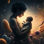 Immagine concettuale artistica che mostra la silhouette di una madre che tiene in braccio il suo neonato controluce, con uno sfondo astratto e luminoso che rappresenta una visualizzazione colorata e complessa del microbioma intestinale (batteri stilizzati, forme organiche). Effetto duotone nei toni del blu caldo e dell'oro, stile delicato, scientifico ma emotivo. Lente 50mm, profondità di campo media.