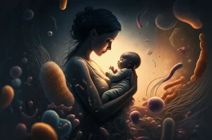 Immagine concettuale artistica che mostra la silhouette di una madre che tiene in braccio il suo neonato controluce, con uno sfondo astratto e luminoso che rappresenta una visualizzazione colorata e complessa del microbioma intestinale (batteri stilizzati, forme organiche). Effetto duotone nei toni del blu caldo e dell'oro, stile delicato, scientifico ma emotivo. Lente 50mm, profondità di campo media.