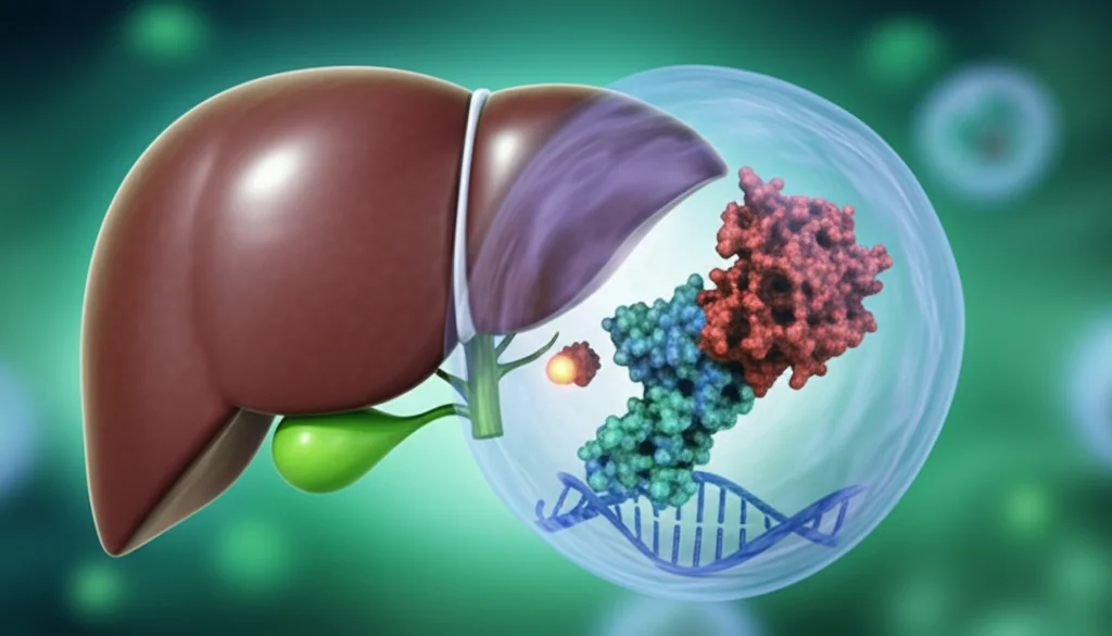 Immagine concettuale fotorealistica: un fegato di persico trota stilizzato ma realistico al centro, con una molecola SIRT7 (struttura proteica complessa, luminosa, colore verde) che interagisce con una molecola RELA (struttura proteica simile, luminosa, colore rosso) legata a un filamento di DNA (bluastro) all'interno di un nucleo cellulare semi-trasparente visibile nel fegato. Una piccola sfera luminosa (gruppo acetile) si stacca da RELA vicino a SIRT7. Sullo sfondo, un ambiente acquatico verde-blu sfocato. Lente prime 35mm, profondità di campo ridotta per focalizzare sull'interazione molecolare nel nucleo, toni blu e verde duotone per un effetto scientifico ma accattivante.