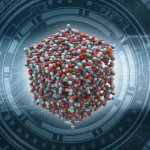 Visualizzazione artistica 3D di una nanoparticella di ossidrossido di titanio che rivela la sua struttura interna a strati atomici alternati (TiO2 e Ti(OH)4), fluttuante su uno sfondo tecnologico astratto blu e grigio, stile fotorealistico, alta definizione, illuminazione drammatica.