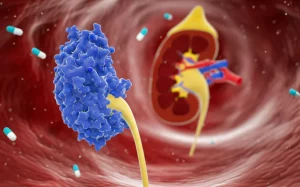 Concetto medico-scientifico: modello 3D stilizzato di una proteina albumina che interagisce con molecole di farmaco all'interno di un flusso sanguigno simulato, con un rene sfocato sullo sfondo, obiettivo macro 85mm, profondità di campo, illuminazione drammatica.