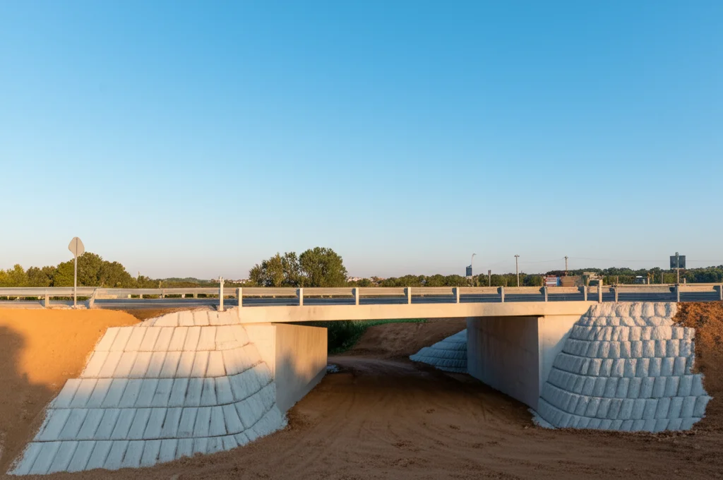 Fotografia grandangolare di un moderno ponte stradale con spalle laterali visibilmente costruite con blocchi e terra rinforzata (GRS-IBS), integrato armoniosamente nel paesaggio, cielo sereno, luce del tardo pomeriggio, obiettivo grandangolare 20mm, sharp focus, landscape.