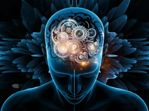 Illustrazione concettuale astratta della mente umana con ingranaggi luminosi e particelle atomiche fluttuanti che rappresentano concetti. Stile fotorealistico con elementi surreali, obiettivo grandangolare 20mm, messa a fuoco nitida.