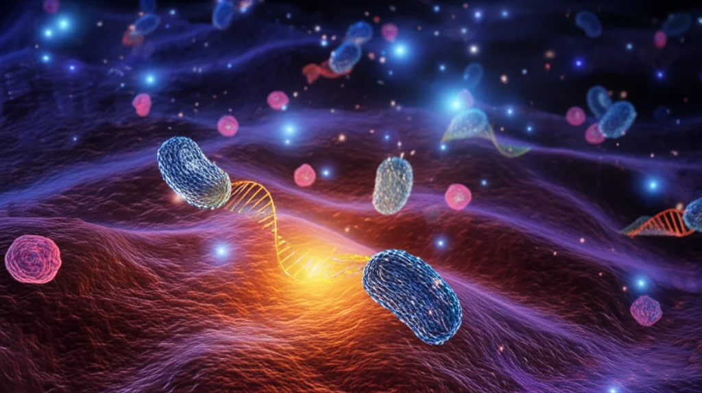 Immagine concettuale astratta di vie aeree infiammate a livello cellulare, con particelle luminose che rappresentano RNA mitocondriale che fuoriesce dai mitocondri. Wide-angle lens, 15mm, colori vibranti ma con aree scure per rappresentare l'infiammazione, effetto leggermente onirico.