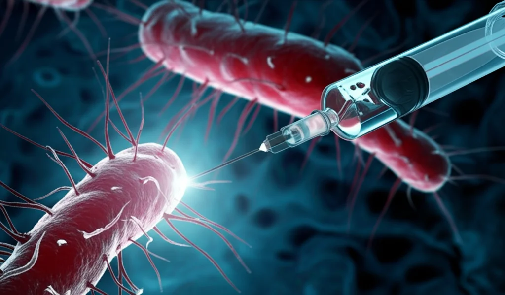 Immagine concettuale fotorealistica: una siringa contenente un vaccino liquido luminoso punta verso una rappresentazione digitale stilizzata e minacciosa del batterio Pseudomonas aeruginosa su uno sfondo high-tech blu scuro, simboleggiando la lotta avanzata contro le infezioni batteriche resistenti. Prime lens, 50mm, depth of field, illuminazione drammatica con riflessi luminosi sul metallo della siringa e sul liquido.