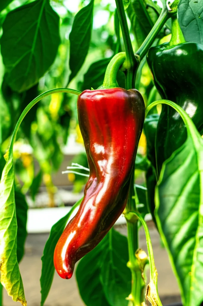 Lence Prime, 35 mm, profondità di campo, illuminazione controllata, vibranti peperoni rossi e verdi su una pianta sana in un ambiente serra, che simboleggia la coltivazione di successo in condizioni di stress grazie ai biostimolanti.