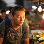 Portrait photography, 35mm lens, un viaggiatore occidentale dall'aspetto leggermente preoccupato guarda un piatto colorato di cibo di strada thailandese su una bancarella, sfondo sfocato di un mercato vivace, luce naturale del tardo pomeriggio, depth of field.