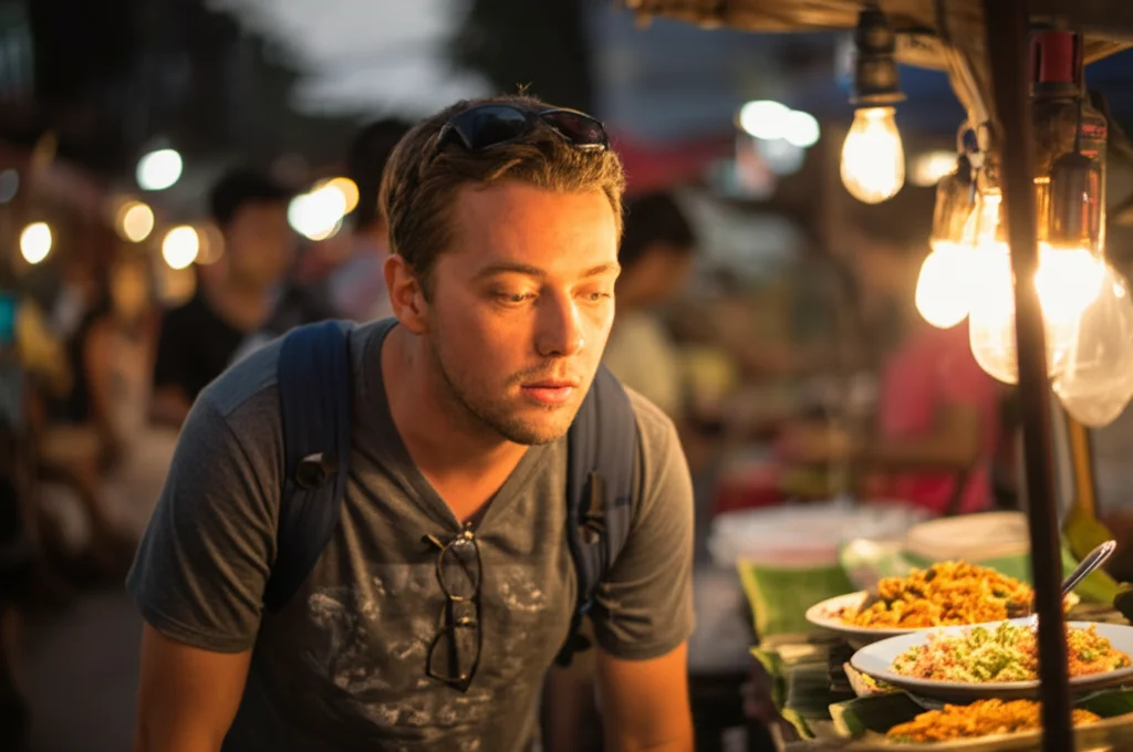 Portrait photography, 35mm lens, un viaggiatore occidentale dall'aspetto leggermente preoccupato guarda un piatto colorato di cibo di strada thailandese su una bancarella, sfondo sfocato di un mercato vivace, luce naturale del tardo pomeriggio, depth of field.