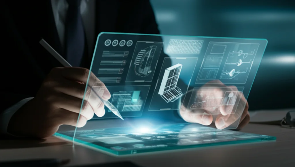 Primo piano di un ingegnere che disegna su un tablet trasparente olografico, mostrando componenti modulari di un prodotto che si adattano a diversi scenari futuri visualizzati sullo sfondo. Illuminazione controllata, obiettivo prime 35mm, profondità di campo per mettere a fuoco il design.