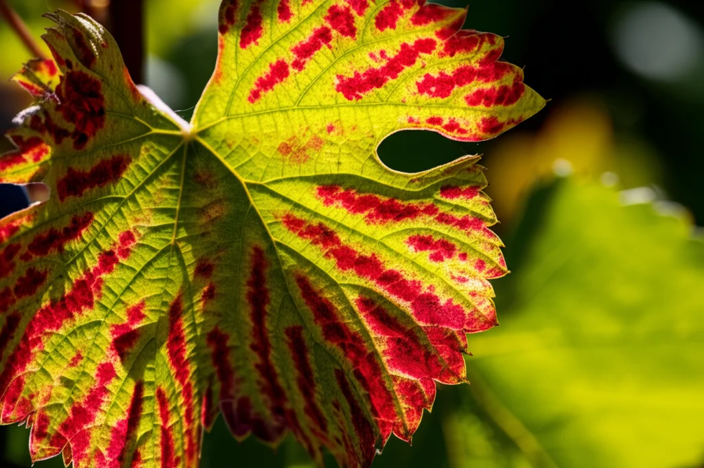 Primo piano fotorealistico di una foglia di vite Merlot che mostra i sintomi della Macchia Rossa (GRBV), con aree rosse irregolari tra le venature verdi, lente macro 100mm, alta definizione, messa a fuoco precisa sui dettagli della malattia virale, luce naturale laterale che accentua la texture.