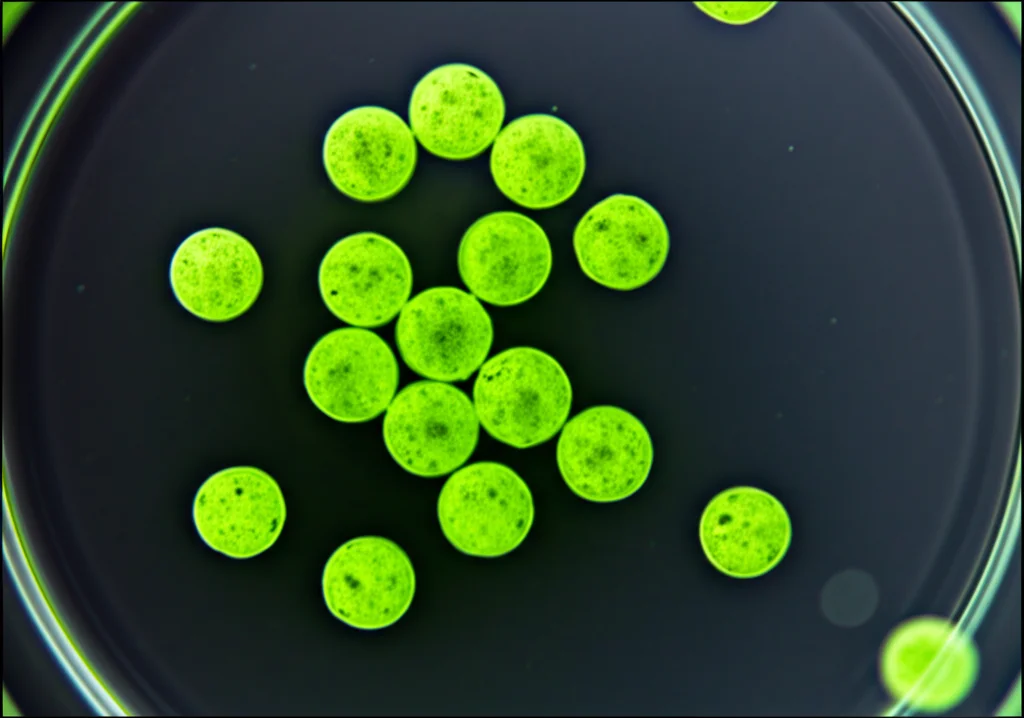 Primo piano macro, lente 100mm, di protoplasti di vite Chardonnay sferici e sani, alcuni dei quali emettono una debole fluorescenza verde (GFP), sospesi in una soluzione limpida all'interno di una piastra Petri. Illuminazione controllata dall'alto, alta definizione, messa a fuoco precisa su un gruppo di protoplasti al centro, sfondo leggermente sfocato (profondità di campo).