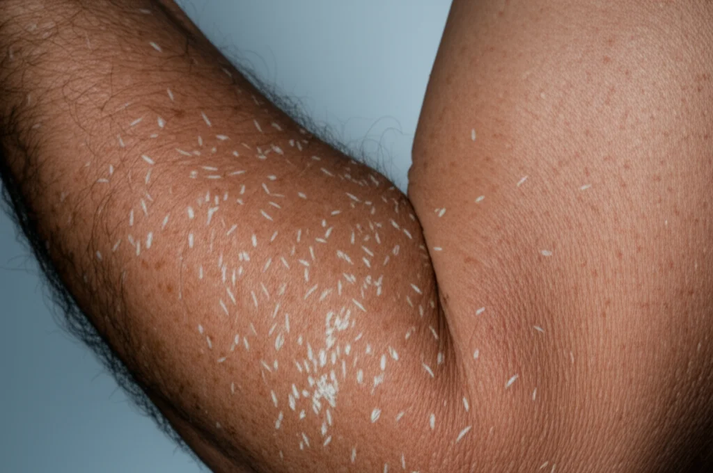 Radiografia dettagliata che mostra numerose calcificazioni a forma di chicco di riso diffuse nei tessuti molli di un arto, alta definizione, illuminazione drammatica per evidenziare le calcificazioni, obiettivo macro 100mm.