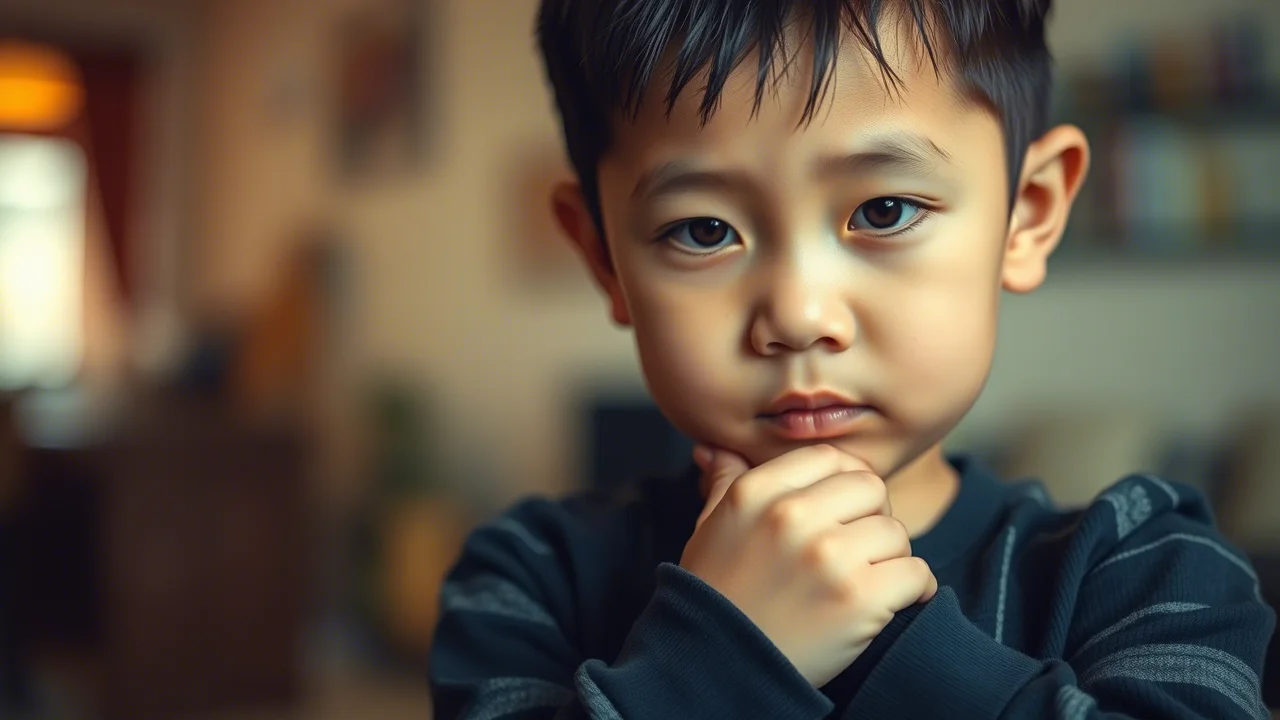 Ritratto fotografico di un bambino asiatico (circa 5 anni) che si gratta leggermente il braccio con un'espressione pensierosa, ambientazione interna sfocata, obiettivo da ritratto 35mm, profondità di campo ridotta, toni colore caldi e leggermente desaturati.