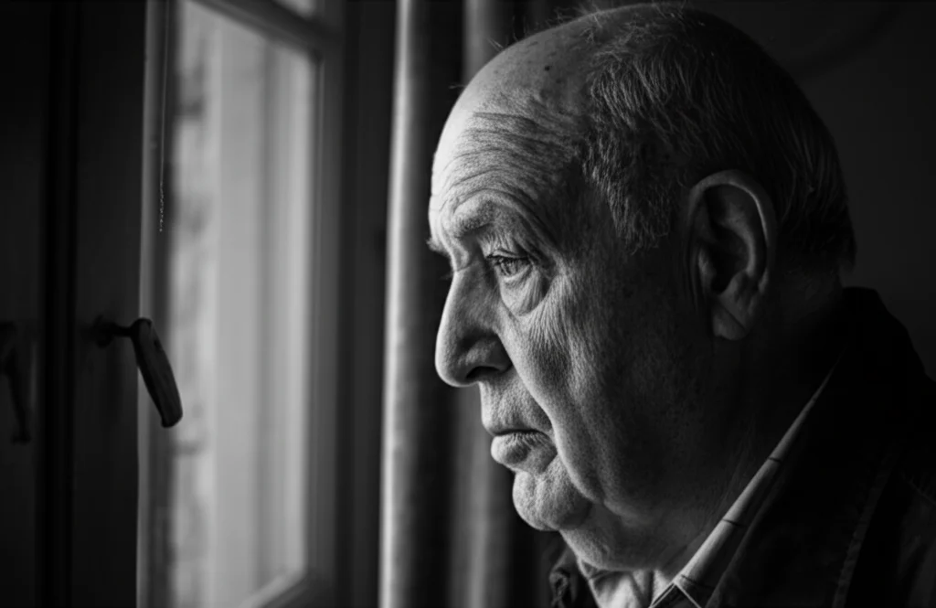 Ritratto fotografico di un uomo anziano (circa 80 anni) dall'aspetto riflessivo, visto di profilo vicino a una finestra con luce morbida che ne illumina parzialmente il volto. Obiettivo prime 35mm, bianco e nero film, profondità di campo che sfoca leggermente lo sfondo esterno alla finestra.
