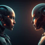 Sagome stilizzate di umano e robot che si fronteggiano connesse da linee luminose blu e arancioni su sfondo scuro, rappresentazione visiva del concetto di relazionismo enattivo e della dinamica interattiva uomo-macchina, fotografia concettuale, obiettivo 35mm.