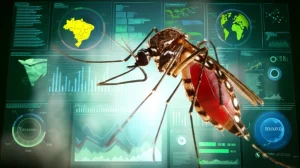 Visualizzazione 3D stilizzata del Brasile con grafici di dati climatici e sanitari sovrapposti, una zanzara Aedes aegypti ingrandita in primo piano. Illuminazione drammatica, obiettivo 24mm, alta definizione.