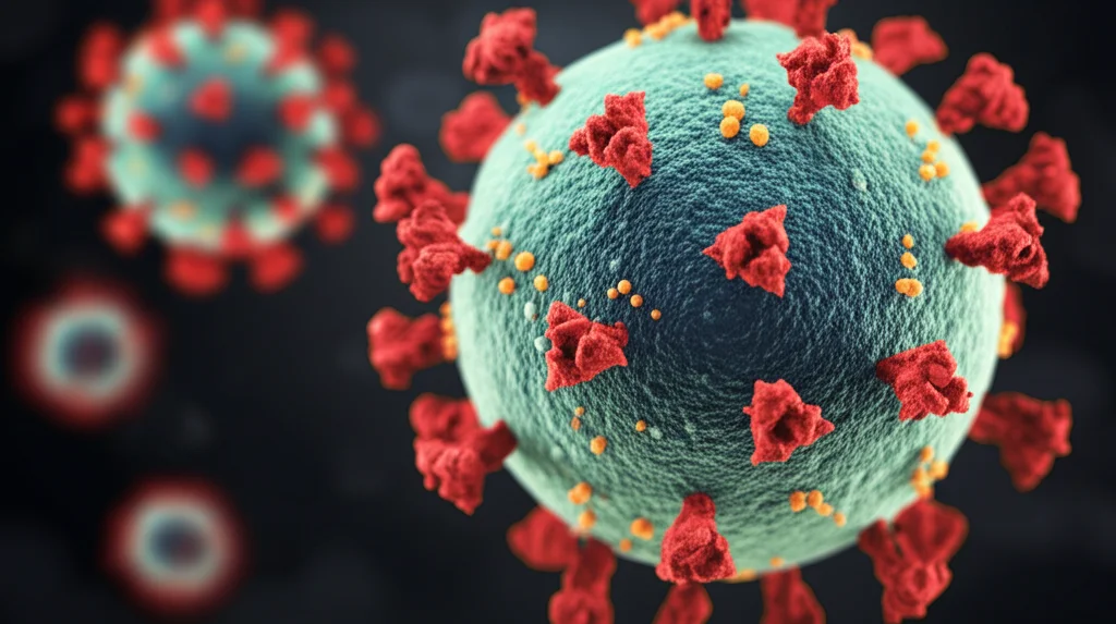 Visualizzazione artistica ma fotorealistica del virus dell'influenza visto al microscopio elettronico, con dettagli delle proteine di superficie (emoagglutinina e neuraminidasi), illuminazione drammatica laterale che crea ombre, lente macro 100mm, alta definizione, sfondo scuro sfocato.