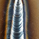 Fotografia macro di un cordone di saldatura GMAW su acciaio, con penetrazione visibile sul retro, illuminazione controllata ad alto dettaglio, obiettivo macro 105mm, messa a fuoco precisa, rappresentazione del controllo di penetrazione.