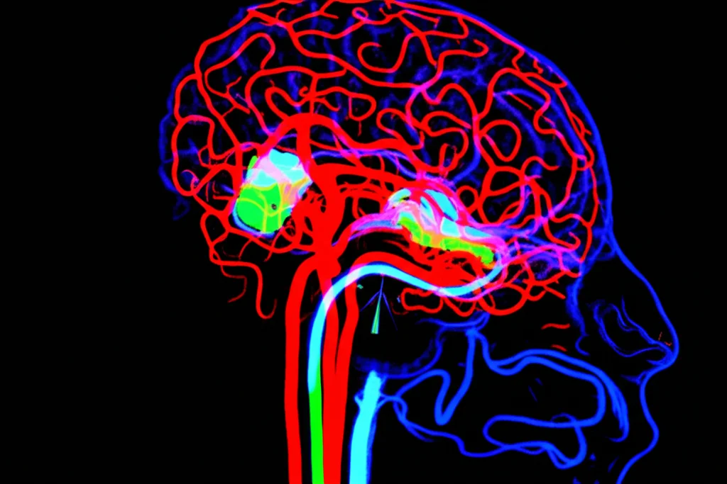Immagine concettuale fotorealistica del flusso sanguigno nel cervello umano visualizzato tramite Doppler Transcranico, con aree illuminate che rappresentano le arterie cerebrali medie e le carotidi, prime lens 50mm, profondità di campo, colori blu e rosso duotone per indicare direzione e velocità del flusso, sfondo scuro per enfatizzare il soggetto.